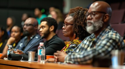 Diverse audience at a conference. Close-up of people sitting in a row focusing on a speaker. Educational event concept - obrazy, fototapety, plakaty