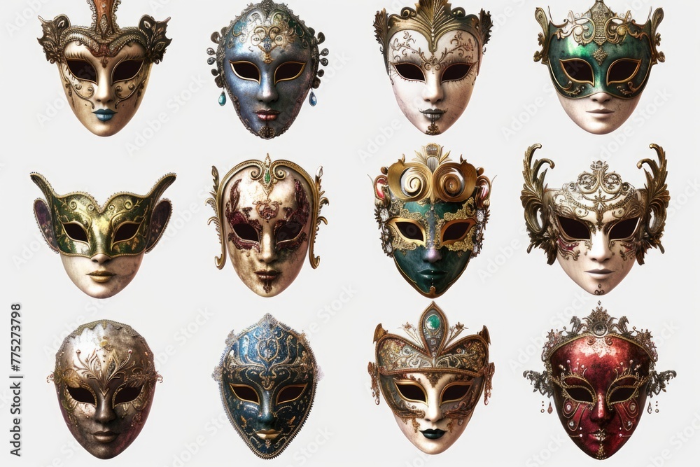 Poster colorful assortment of masks suitable for various occasions. perfect for party invitations or themed