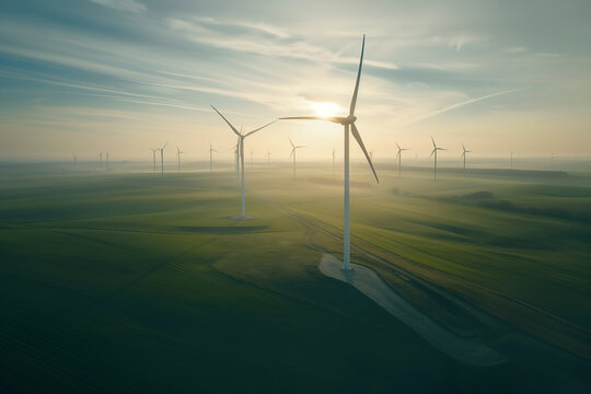 Wind turbines in a green field at sunrise