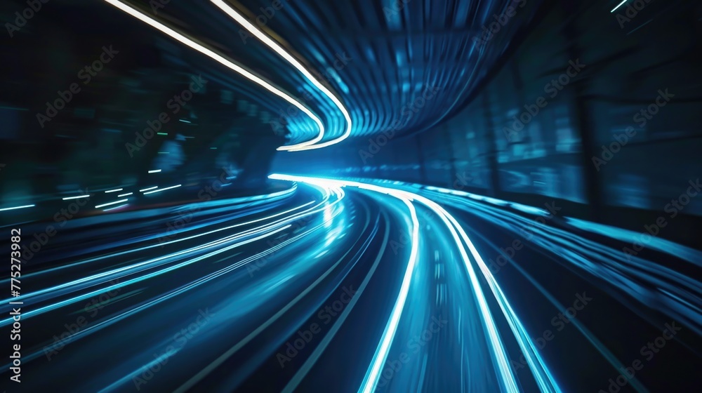 Poster Blurry image of a train traveling through a dark tunnel. Suitable for transportation themes