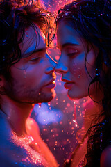 Young couple in love under rain in neon lights, AI generative - 775273953
