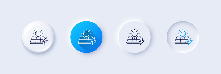 Solar panels line icon. Neumorphic, Blue gradient, 3d pin buttons. Electricity sun energy sign. Lightning bolt symbol. Line icons. Neumorphic buttons with outline signs. Vector