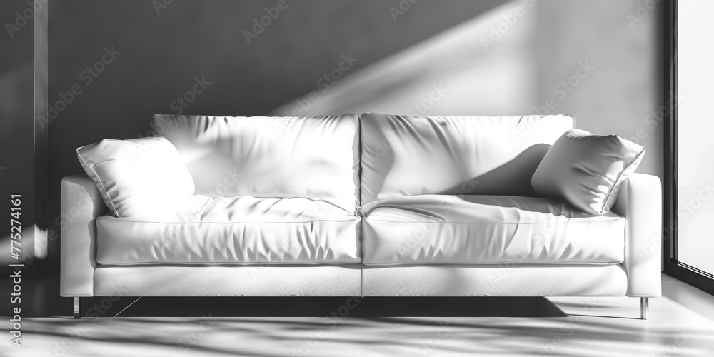 Poster a white couch placed in front of a window, ideal for interior design concepts