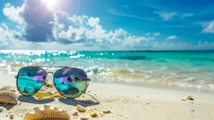 Sunglasses reflecting a tropical landscape on a beach. Summer travel and vacation concept