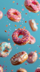 Frosted doughnuts with pink icing and multicolored sprinkles floating on a blue background.