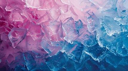 Textured pink ice against a blue canvas, the frosty details highlighted in high-resolution brilliance - obrazy, fototapety, plakaty