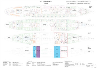 MS "Sobieski" Poland passenger ship 1939. Deck's plan as delivered in 1939. Deck D-F