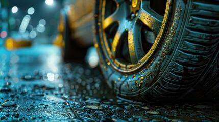 Close-up of a tire on a wet street, suitable for automotive industry - obrazy, fototapety, plakaty