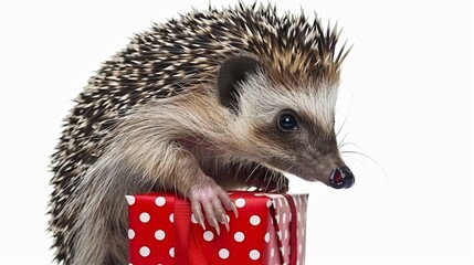 Postcard with a cute hedgehog in a festive mood holding a gift. Copy space banner