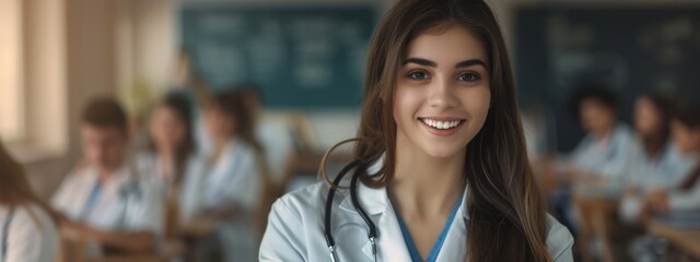medic student young woman sitting in classroom smiling concept of medical education dentistry cosmetologist health care professional knowledge development in seminar lecture training university school - obrazy, fototapety, plakaty