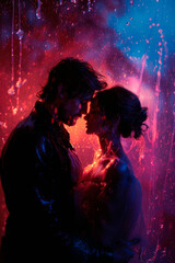 Young couple in love under rain in neon lights, AI generative - 775274549