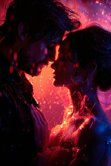 Young couple in love under rain in neon lights, AI generative - 775274737