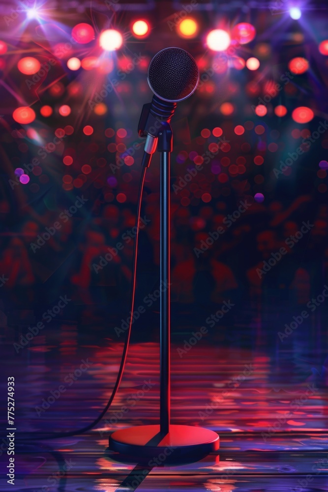 Poster A microphone on a stand in front of a stage. Suitable for music events or public speaking