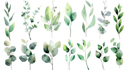 A beautiful set of watercolor green leaves and branches. Perfect for nature-themed designs - obrazy, fototapety, plakaty