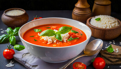 tomato soup with basil leaves