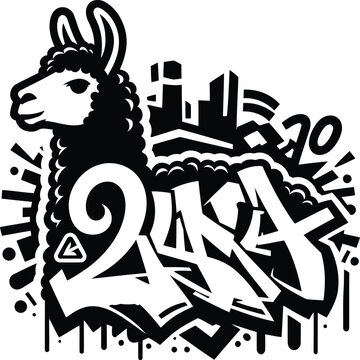 llama, alpaca, animal silhouette in graffiti tag, hip hop, street art typography illustration. 