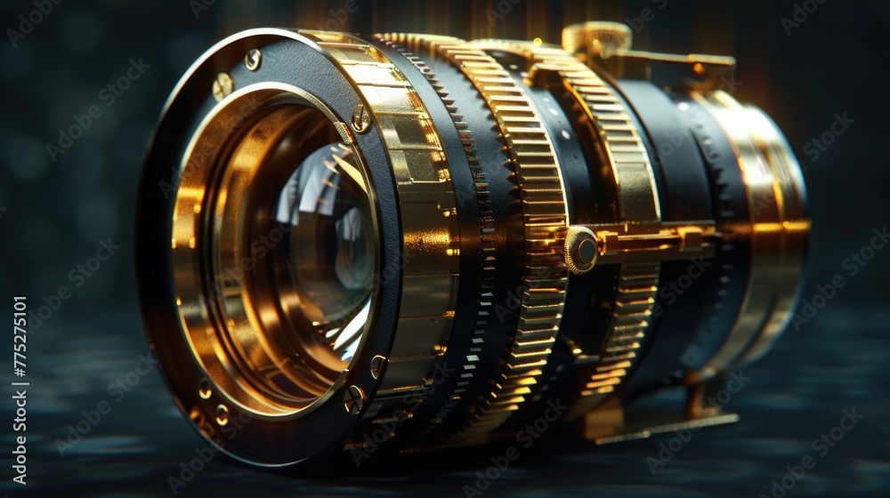Poster Close up of a camera lens on a table. Suitable for technology concepts