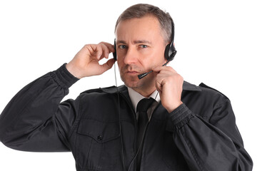 Mature FBI agent in headset on white background, closeup