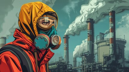 A man in a gas mask standing next to industrial plants, AI