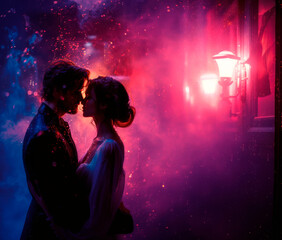 Young couple in love under rain, drops in neon lights, AI generative - 775275312