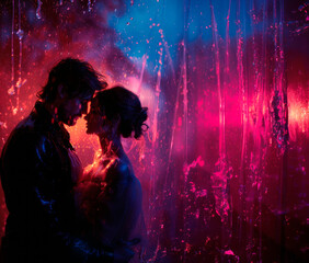 Young couple in love under rain, drops in neon lights, AI generative - 775275325