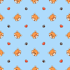 Fototapeta premium Vector seamless pattern with cute red pandas, hearts love and footprints on blue background