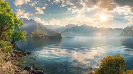 A panoramic view of the serene beauty of Lake with clear blue waters reflecting majestic mountains and lush green forests on its shore Generative AI - obrazy, fototapety, plakaty