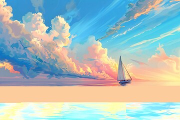 a sailboat on water with clouds in the sky - obrazy, fototapety, plakaty