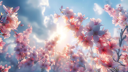 Cherry blossoms in full bloom against a cloudy sky - obrazy, fototapety, plakaty
