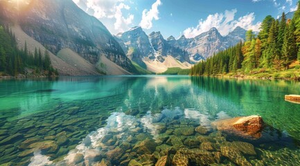 A stunning panoramic view of the clear turquoise waters reflecting majestic mountains, surrounded by lush green forests and golden sunlight Generative AI - obrazy, fototapety, plakaty