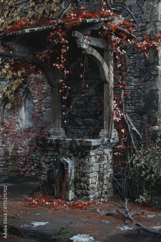 Poster an old stone building covered in vines. suitable for historical or architectural concepts
