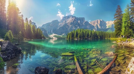 Beautiful lake in the mountains with blue water and green trees panorama, sunny day Generative AI - obrazy, fototapety, plakaty