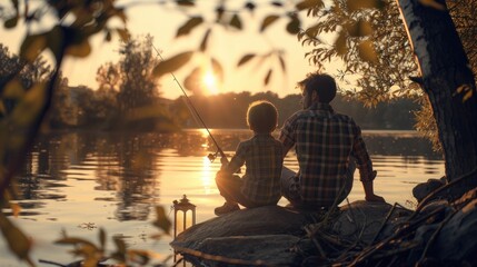 A man and a boy sitting on a rock while fishing. Suitable for outdoor and family-themed designs