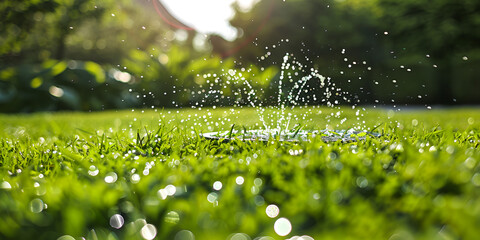 Garden sprinkler on the green lawn automatic watering in the par - obrazy, fototapety, plakaty