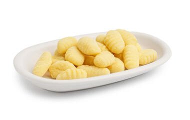 Plate with delicious gnocchi on white background