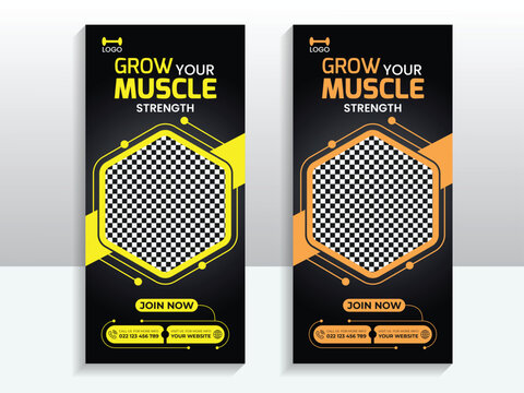 Gym and fitness roll up banner or dl flyer design template