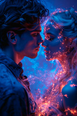 Young couple in love, in night club in neon lights, music, desire. AI generative - 775276171