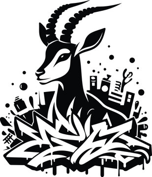 antelope, animal silhouette in graffiti tag, hip hop, street art typography illustration. 