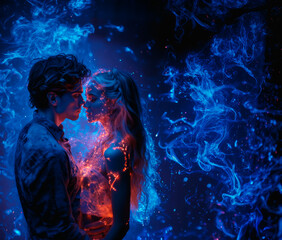 Young couple in love, in night club in neon lights and smoke. AI generative - 775276344