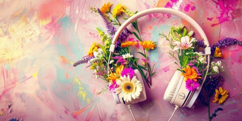 White headphones adorned with a vibrant array of fresh spring flowers on a colorful painted backdrop. Concept: music and spring mood, symbol of the fusion of technology and nature.