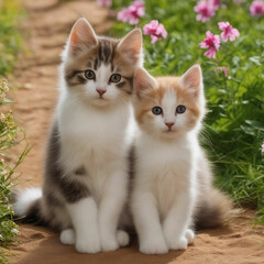two small little kittens in the garden 