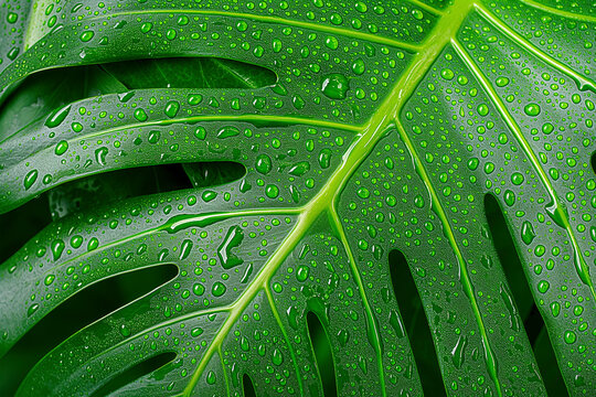 Fototapeta Green leaf with water droplets