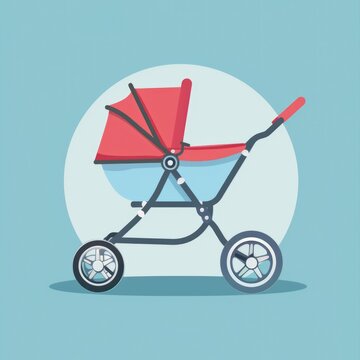 A baby stroller with a red seat on a blue background. Suitable for baby product advertisements