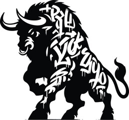 cow, bull, animal silhouette in graffiti tag, hip hop, street art typography illustration. 