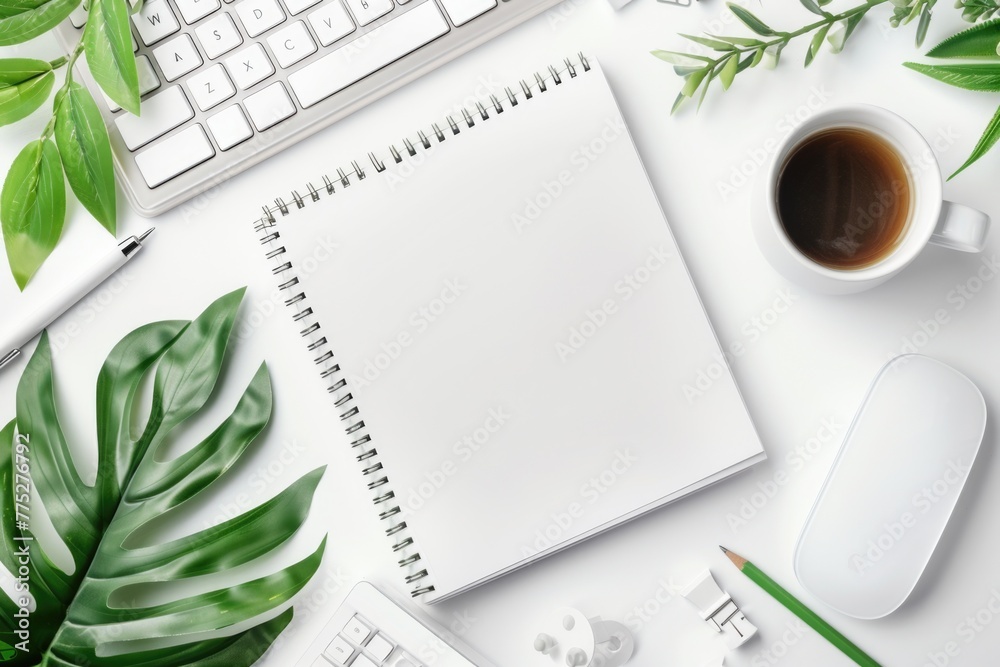 Poster a cup of coffee and a notebook on a desk. perfect for office or workspace concepts