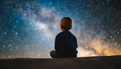 Silhouetted young boy sits gazing at stars, embodying wonder and curiosity about the cosmos and future exploration - obrazy, fototapety, plakaty