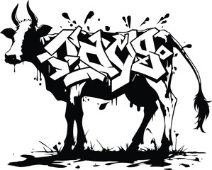 cow, bull, animal silhouette in graffiti tag, hip hop, street art typography illustration. 