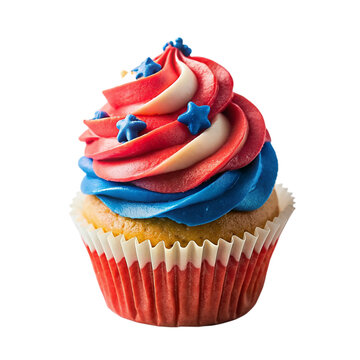 A patriotic cupcake adorned with stars and stripe isolated on transparent background.