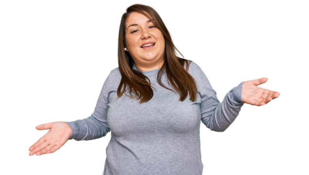Beautiful brunette plus size woman wearing casual clothes clueless and confused with open arms, no idea concept.
