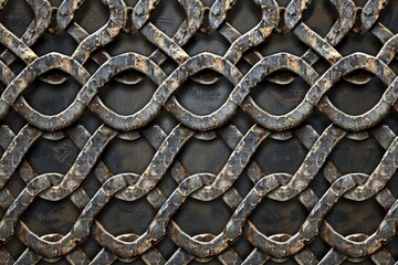Detailed shot of a metal fence with rings. Ideal for industrial or security concepts